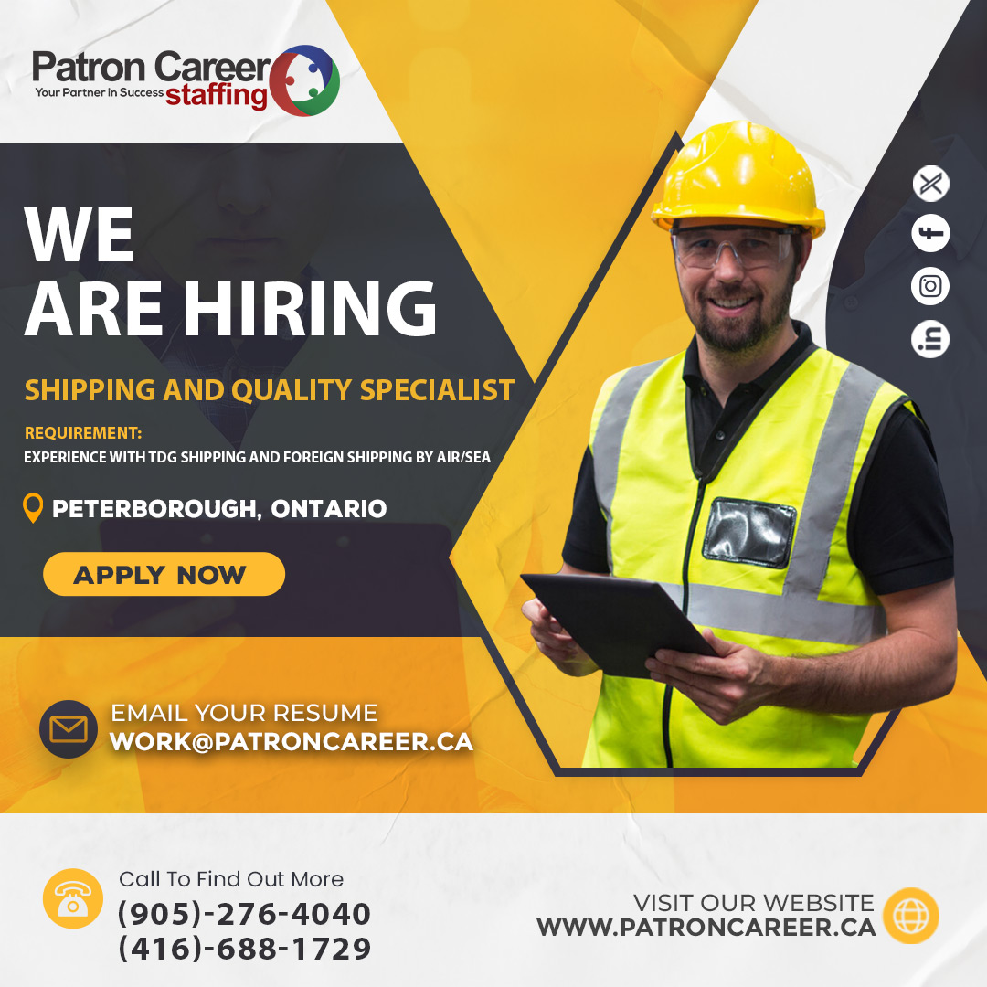 👷We Are Hiring Shipping and Quality Specialist

✅Full-Time Job
✅Location: Peterborough, ON

Apply Today patroncareer.ca/Job_Apply_Form…

Call Now:
(905)-276-4040

Email Your CV: work@patroncareer.ca

#wearehiring #peterborough #PeterboroughJobs #Shippingjobs #QualitySpecialist