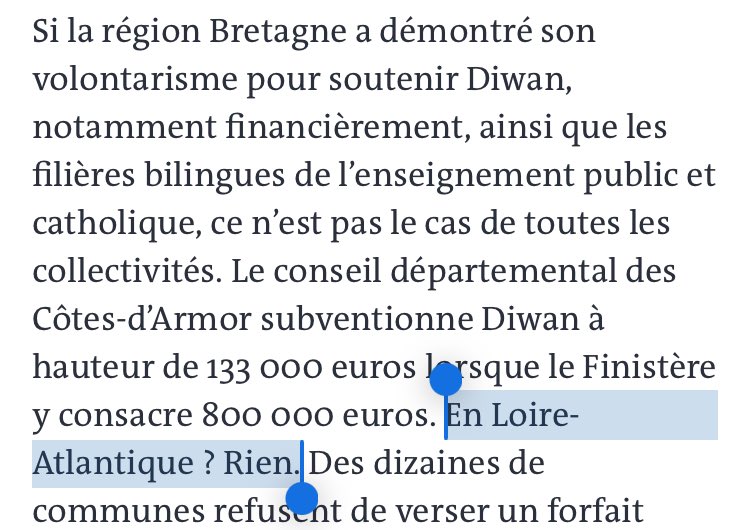 #LigerAtlantel / #LoireAtlantique 

Aux détours d'un article paru dans <a href="/lemondefr/">Le Monde</a> à propos du rapport de la Chambre régionale des comptes sur <a href="/Diwan/">Diwan</a> et l’enseignement du #breton, on apprend que le Département de <a href="/loireatlantique/">Loire-Atlantique</a> ne donne... rien ?? Nada ? Netra ??? ⤵️

#BZHG