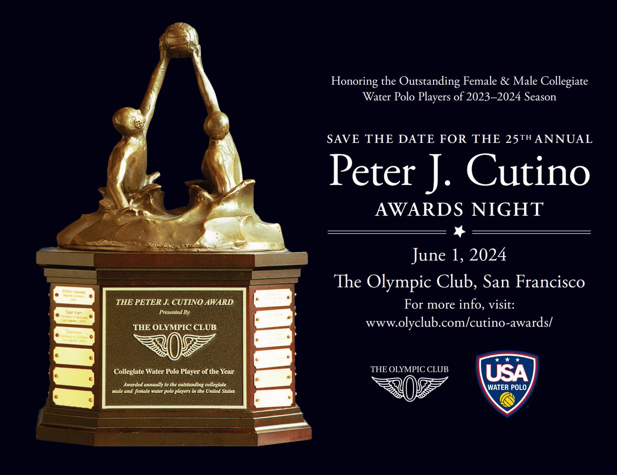 SAVE THE DATE! The best in college water polo will be honored this June 1 in San Francisco at @TheOlympicClub with the annual Peter J. Cutino Awards. More details on LIVE coverage coming soon. #waterpolo #CutinoAward For more information, visit: olyclub.com/cutino-awards/