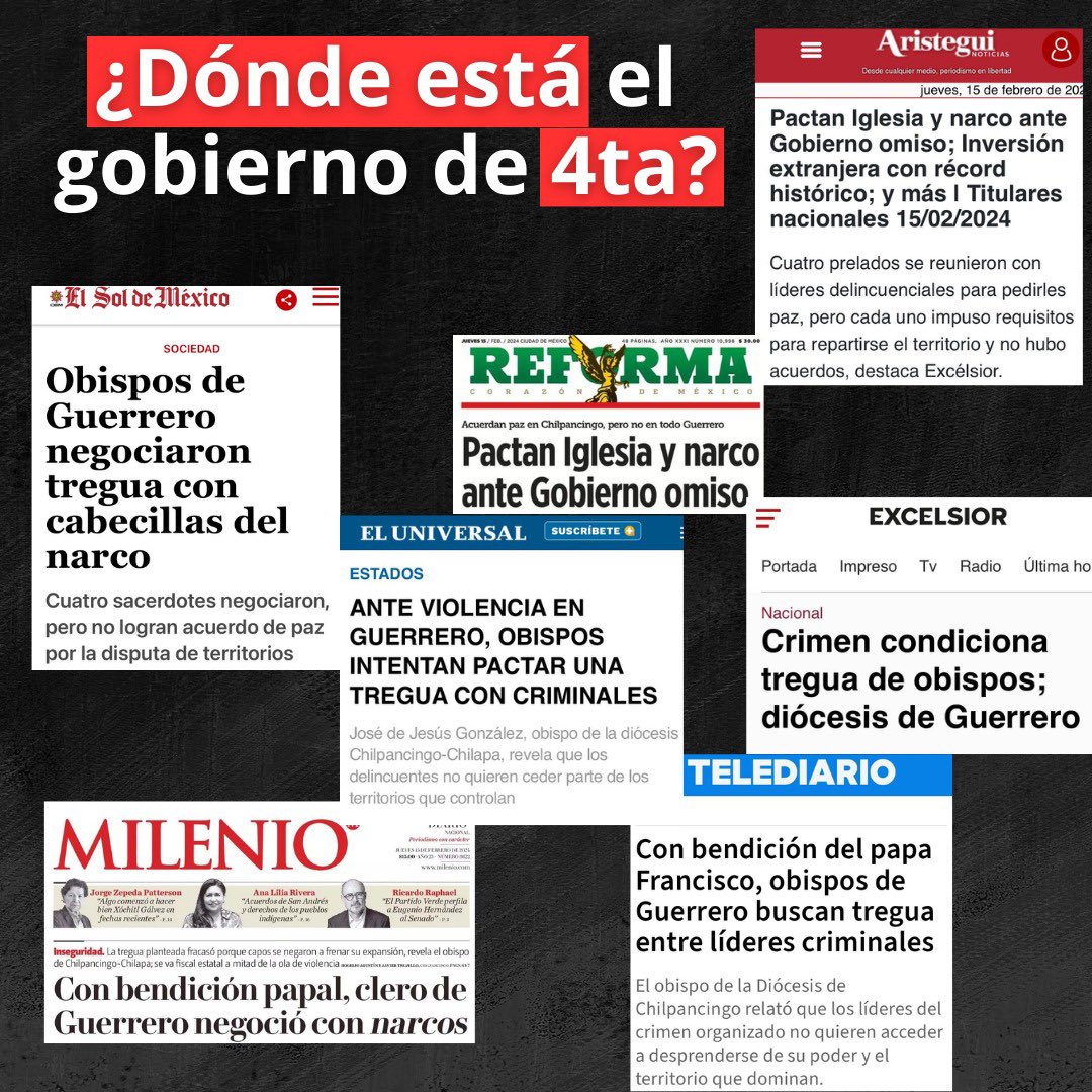 🚨 Obispos se reunieron con el crimen organizado en Guerrero para pedir un alto a la violencia.🚨

¿Esto es lo que queremos para nuestro país? ¿Un gobierno ineficiente, indiferente y que ABANDONA a la ciudadanía? ❌

¡Basta de los gobiernos de 4ta! 🆘