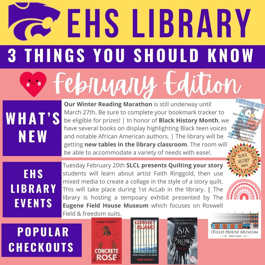 Dive into the world of books with our monthly newsletter! Stay updated, discover great reads, and join us on literary adventures. 📚

#librarynews #ehsreads #eurekawildcats #librarian #highschool #yabooks #bookclub #slcl #highschoollibrarian #popularreads #winter #librarianlife