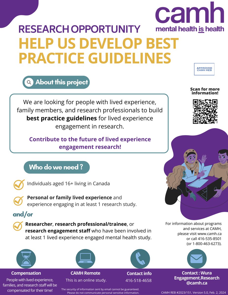 If you’re someone with personal/family lived experience, or are a researcher/trainee engaging people with lived experience, check out @CAMHResearch's study to help shape best practice guidelines for patient engaged research! 🔬🌱 More details below ↓