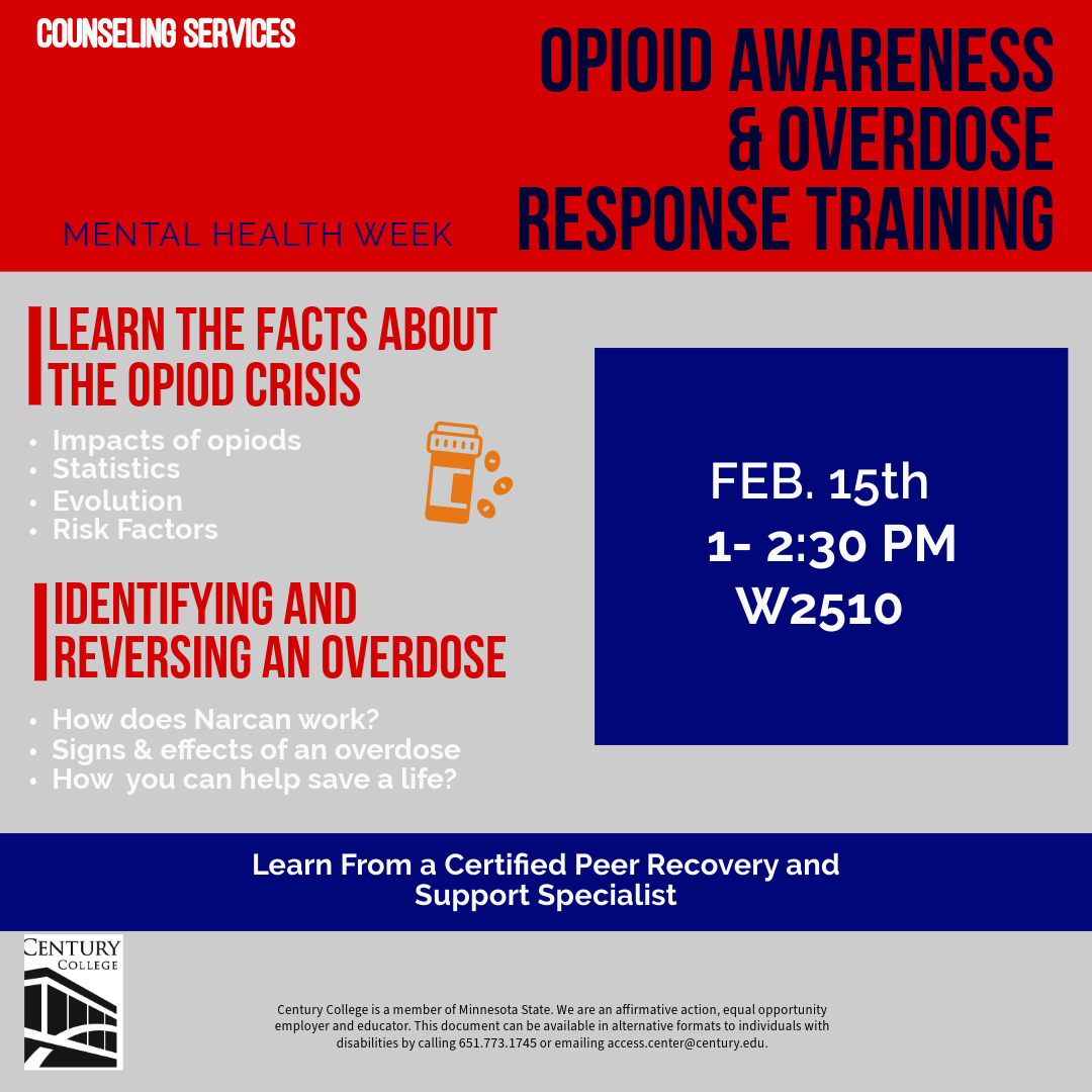 Prevention is key! Join Century College for a training on opioid awareness and overdose response. Gain valuable insight from Bill Houston, a leader in the fight against opioid misuse. Register now for our event on West Campus or Zoom. #PreventionIsKey #OpioidAwareness
