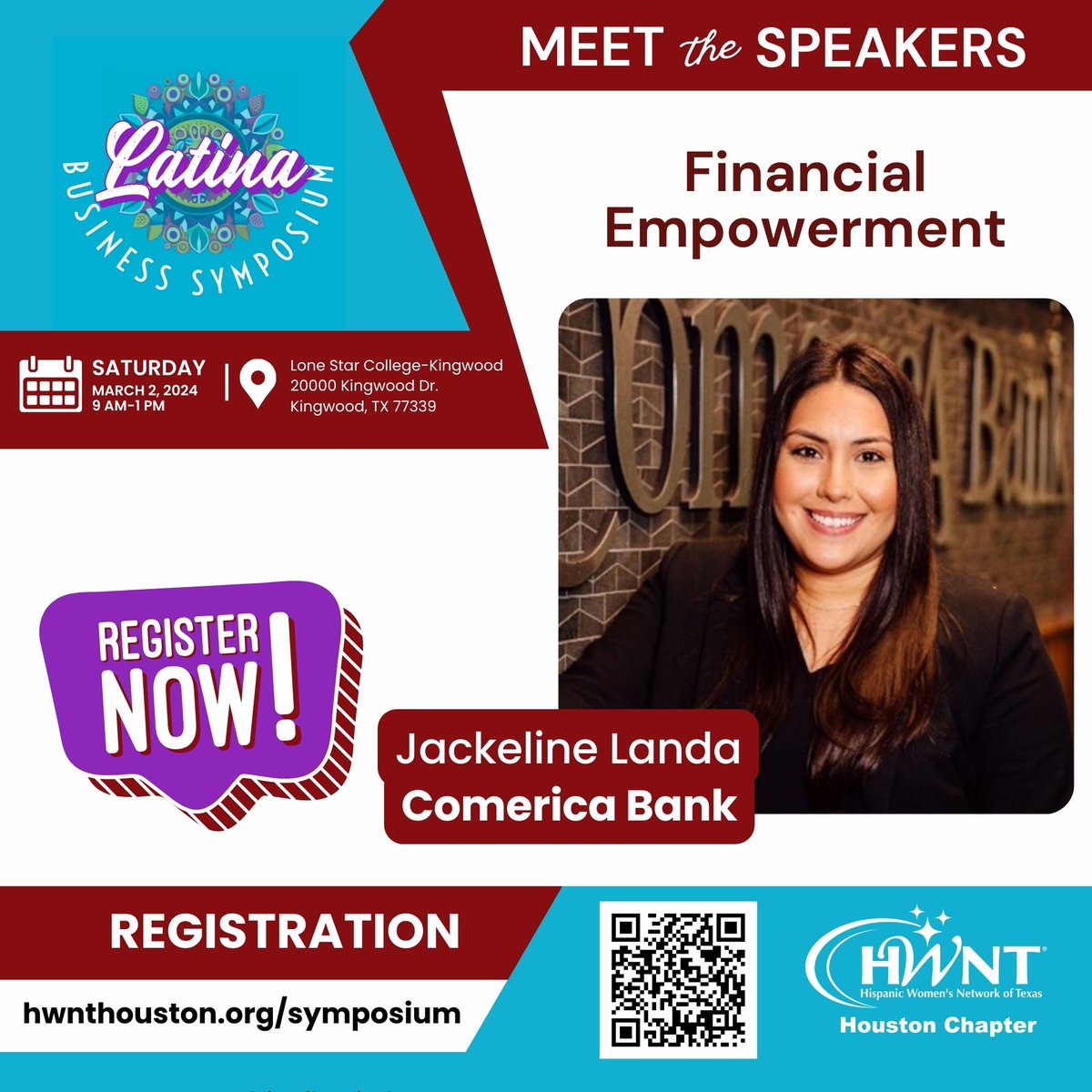 HwntHou's tweet photo. 💰 Session Feature: "Financial Empowerment" by Abigail Oviedo, Sineria Ordóñez, and Jackeline Landa 💰
Empower your financial future at the Latina Business Symposium:

📅 Date: Saturday, March 2, 2024
🕘 Time: 9 am to 1 pm
🔗 https://t.co/uHOcy8EBQO https://t.co/YZjFVp96U9