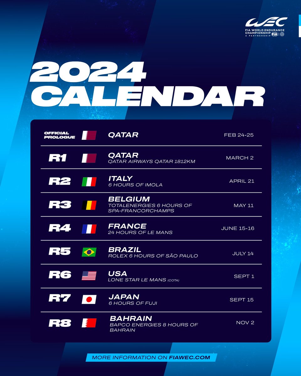 The most anticipated season ever in #WEC history is about to start. 🔥 8 races 🌍 4 classics 🇧🇪🇫🇷🇯🇵🇧🇭 2 new venues 🇶🇦🇮🇹 2 returning venues 🇧🇷🇺🇸 Don’t miss it and grab your tickets on FIAWEC.com