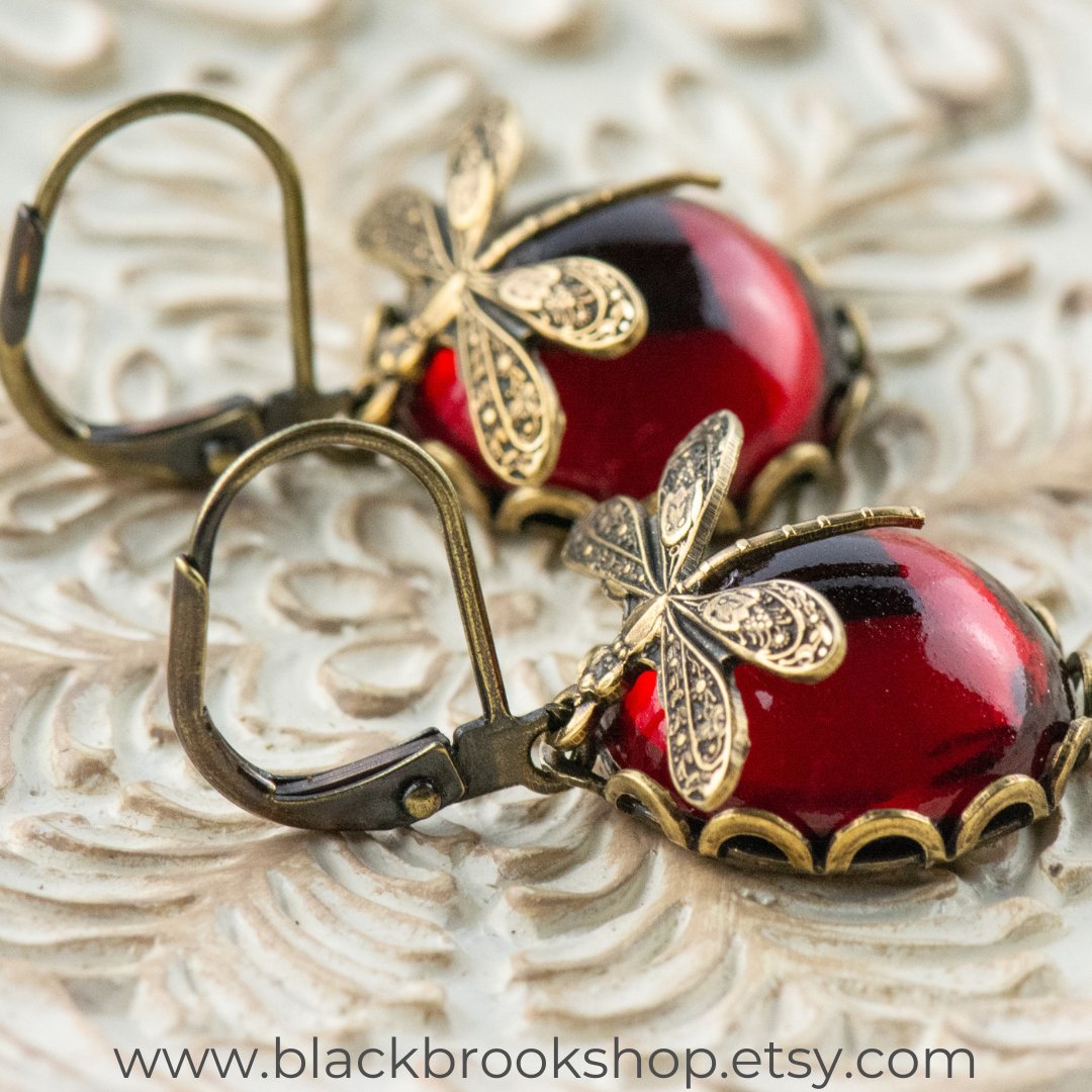 Are you absolutely smitten with dragonflies? #dragonflies #rubyred #handmadejewelry #leverbackearrings #blackbrookshop