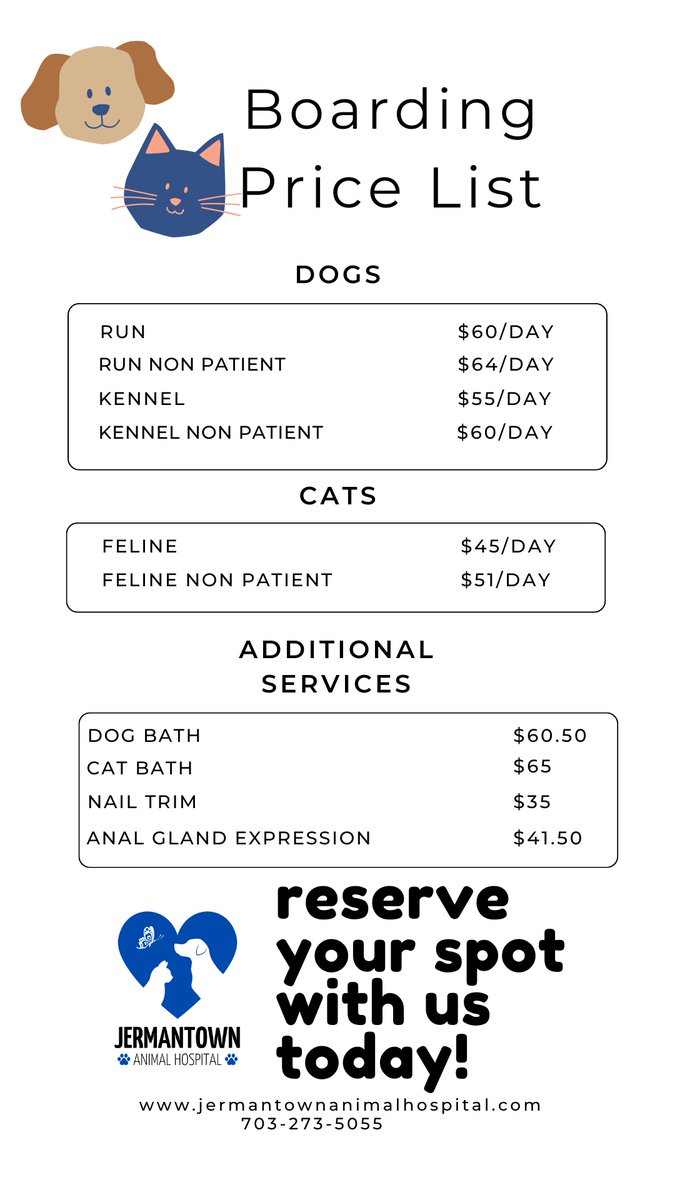 🐾🏨 Need a place for your furry friend to stay? Look no further! Jermantown Animal Hospital offers top-notch fear free boarding services and even more! From grooming to playtime, your pet will have a paw-some time with us. Call now to book their stay! 🐶📞 #BoardingServices