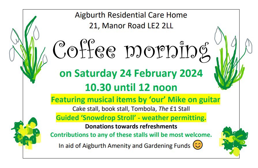 Aigburth are holding a coffee morning on Saturday 24th February. Donations are in aid of the amenity and gardening funds, so please come along if you can!