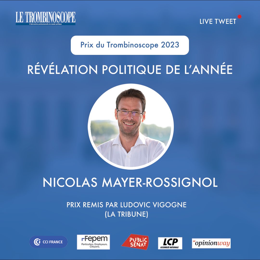 #Direct 🔴 #PrixduTrombinoscope 2023 Révélation politique de l’année @NicolasMayerNMR Prix remis par Ludovic Vigogne #CérémonieduTrombinoscope @ccifrance @Fepemfr @publicsenat @LCP