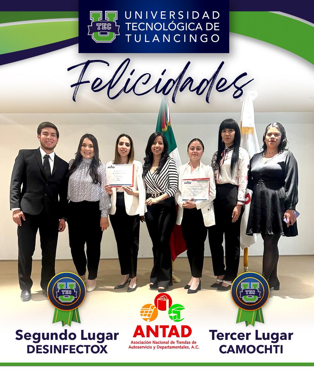 utec_tgo's tweet image. 💚💙 Estudiantes de la Licenciatura de Innovación de Negocios y Mercadotecnia de la Universidad Tecnológica de Tulancingo (UTEC) destacaron en la final del Concurso Reto ANTAD Emprendedor 2024. Con su dedicación y creatividad, lograron el segundo lugar con Desinfectox…