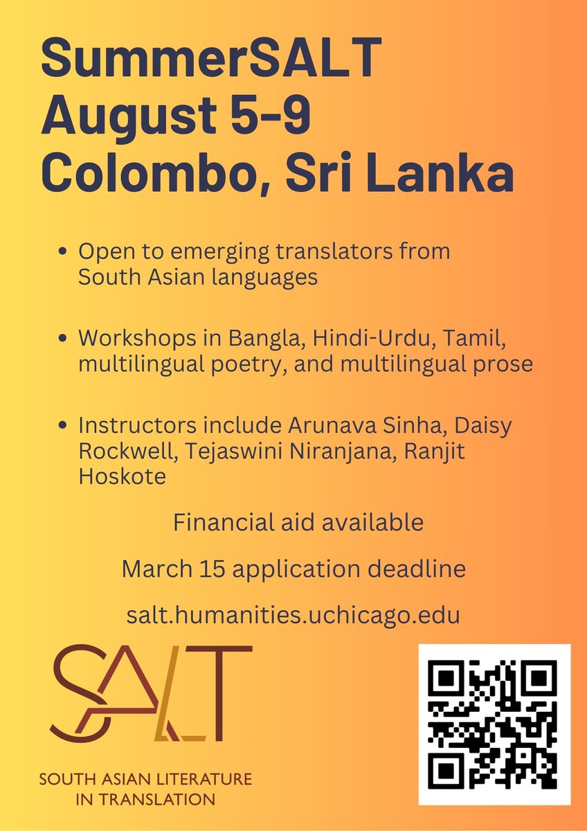 Time to apply to SummerSALT! Delighted to announce an exciting first-of-its-kind opportunity for emerging translators to work with @arunava @shreedaisy @ranjithoskote @TejaswiniNiran1. Please check it out at bit.ly/summersalt-tra… and spread the word! Applications due March 15.