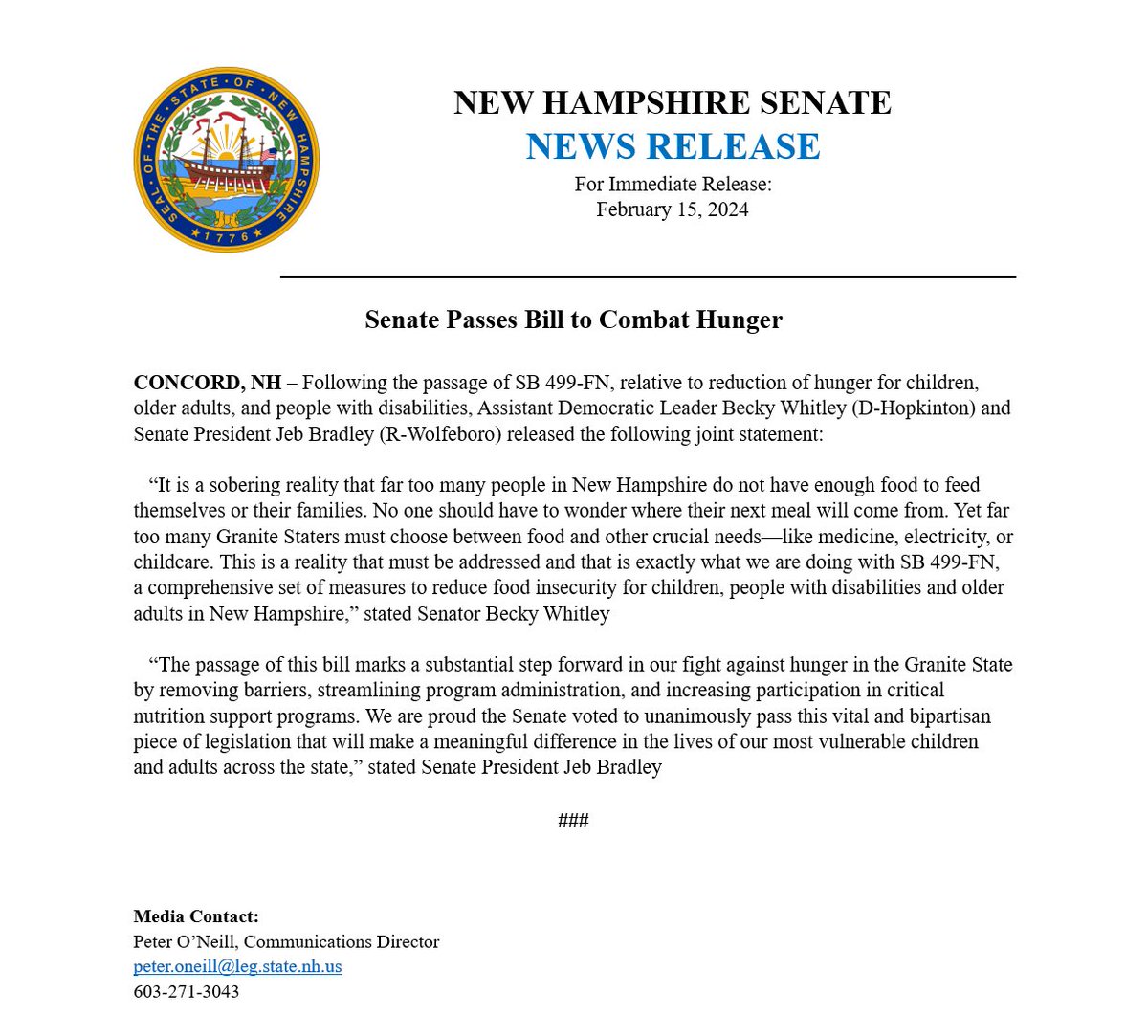 New Hampshire Senate Passes Bill to Combat Hunger #NHPolitics #NewHampshire