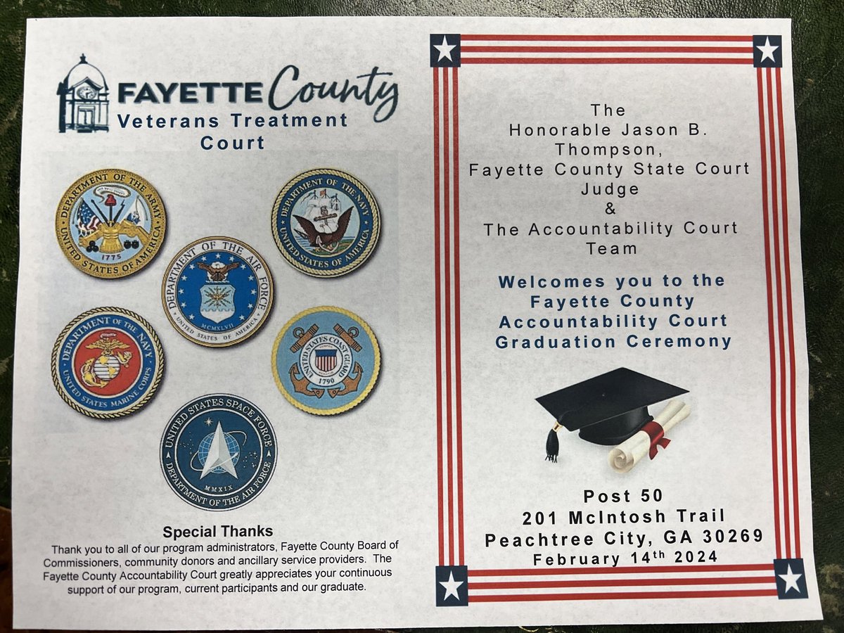 Thanks to Post Commander Arnie Geiger of Post 50 for hosting our Veterans Treatment Court graduation!  Special thanks to Rep. Josh Bonner for speaking to our graduates.  A great night for Veterans in Fayette County! #gacourts #cacjga #_ALLRISE_ #Justice4Vets #judge #judgejbt