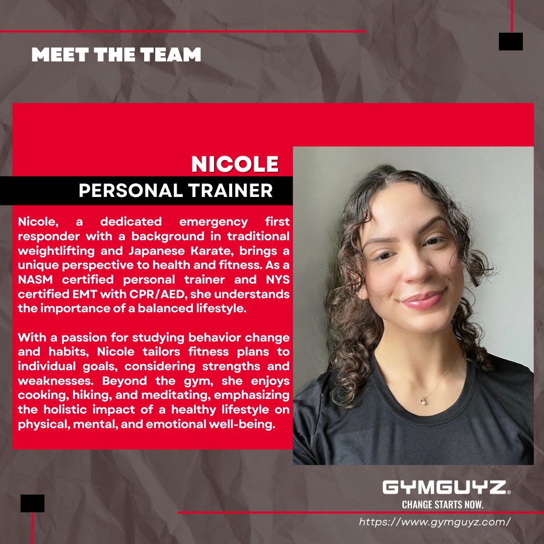 Meet Nicole: Your guide to personalized fitness and holistic well-being. 🌟💪
.
.
#meettheteam #fitnessprofessional #homepersonaltraining #personaltraining #personaltrainer #fitnessinspo #wellnesswarrior #GYMGUYZ #motivation #wellness #health #gym #fit #uppersaddleriver...