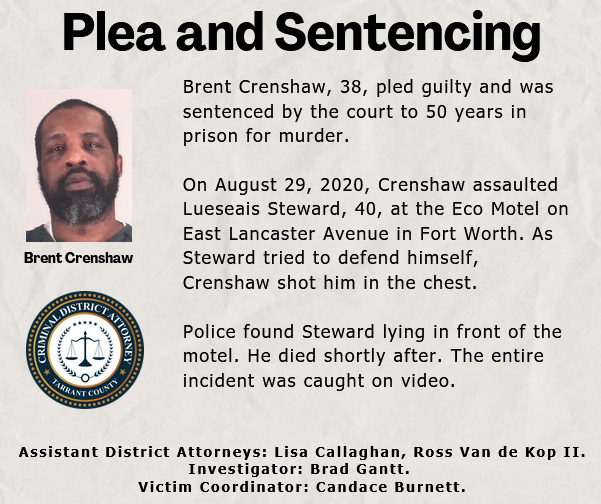 Thanks to the Fort Worth Police Department for their work on this case and for their commitment to keeping our community safe.