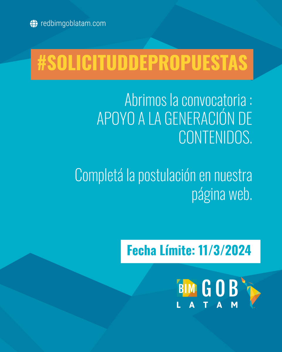 #SOLICITUDDEPROPUESTAS 
La #REDBIMGOBLATAM través del  (BID) abre la convocatoria para la presentación de Solicitud de Expresiones de Interés para la consultoría " APOYO EN GENERACIÓN DE CONTENIDOS".
