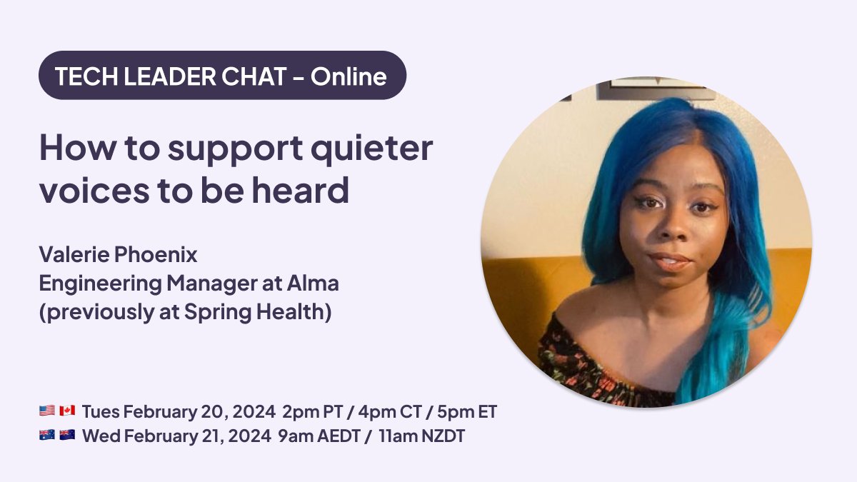 Managers have to support everyone; it may be harder to know/provide what quieter folks need, esp w/ remote/AI work Days to learning from @DigitalBlkHippy's work managing engineers @withalma_ & getting marginalized folks into tech @TechByChoiceOrg! RSVP meetup.com/tech-leader-ch…