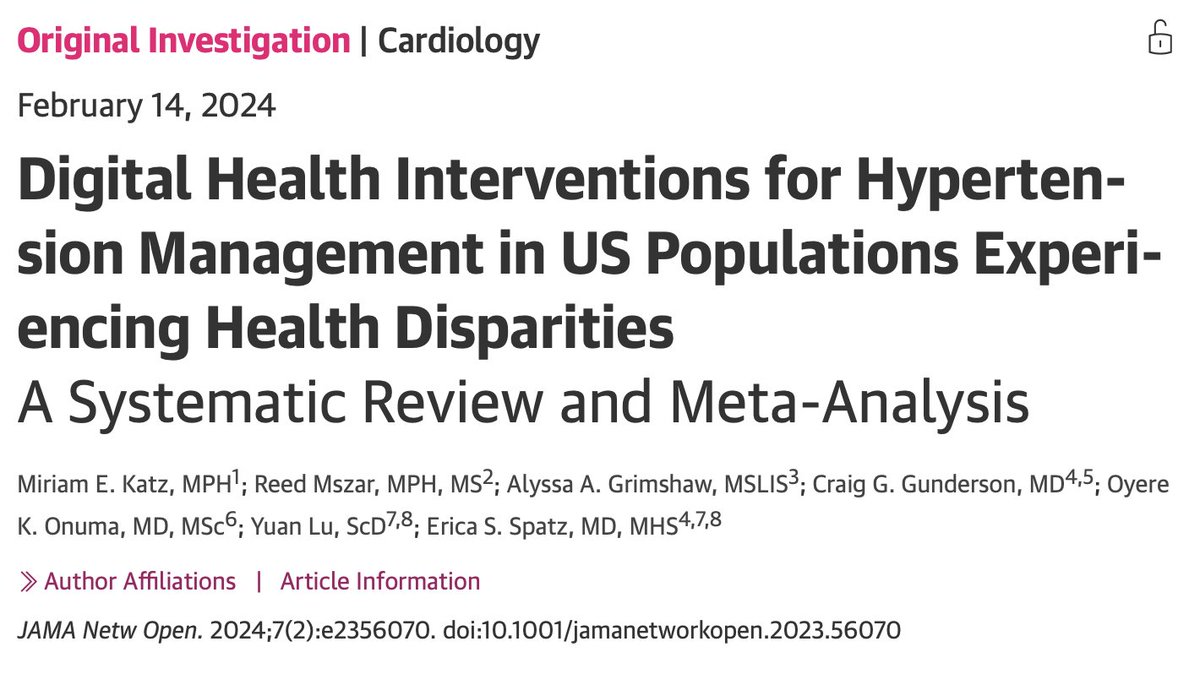 Digital interventions are effective in reducing blood pressure in underserved patient populations; cultural tailoring & community partnerships promote #healthequity & #tequity Grateful for this entire team, especially @SpatzErica for her mentorship! jamanetwork.com/journals/jaman…