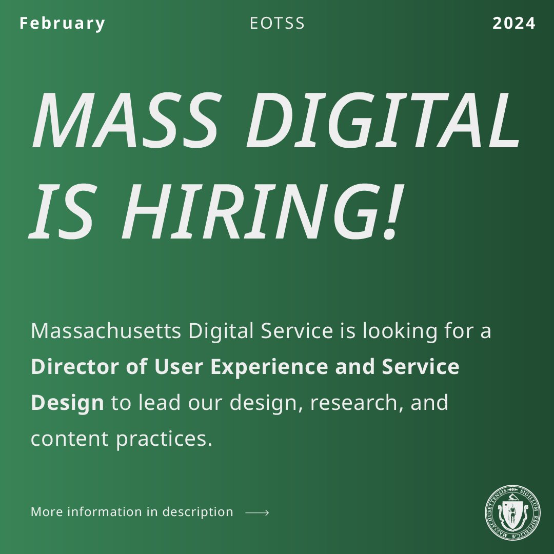 We’re looking for a Director of User Experience and Service Design to help build the future of constituent services by improving the design and delivery of state services and leading our design, research, and content practices. Learn more: ow.ly/I6JW50QC8n3