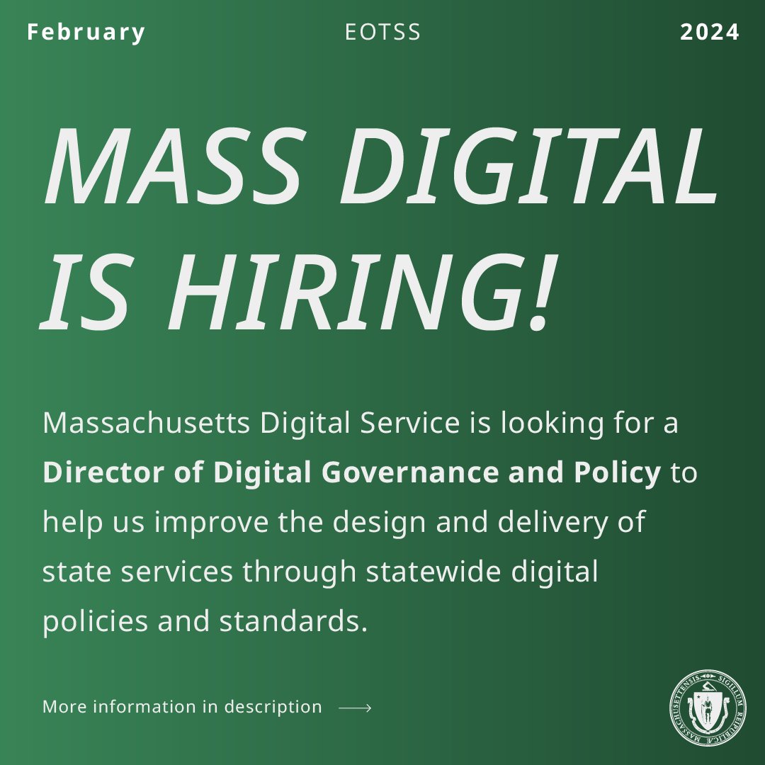 We’re looking for a Director of Digital Governance and Policy to help us improve the design and delivery of state services through statewide digital policies and standards. Learn more: ow.ly/9sFu50QC8x8