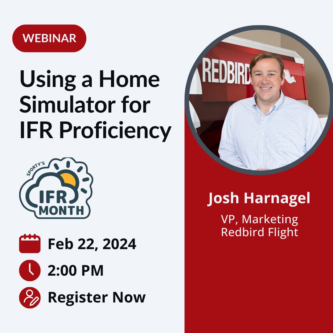 Don't miss out on Sporty's live webinar featuring Chris McGonegle and Josh Harnagel! Josh will be discussing FAA-approved training devices, areas to focus on for IFR proficiency, training with a CFI, and best practices for simulator training. Register now: hubs.li/Q02ldF0f0