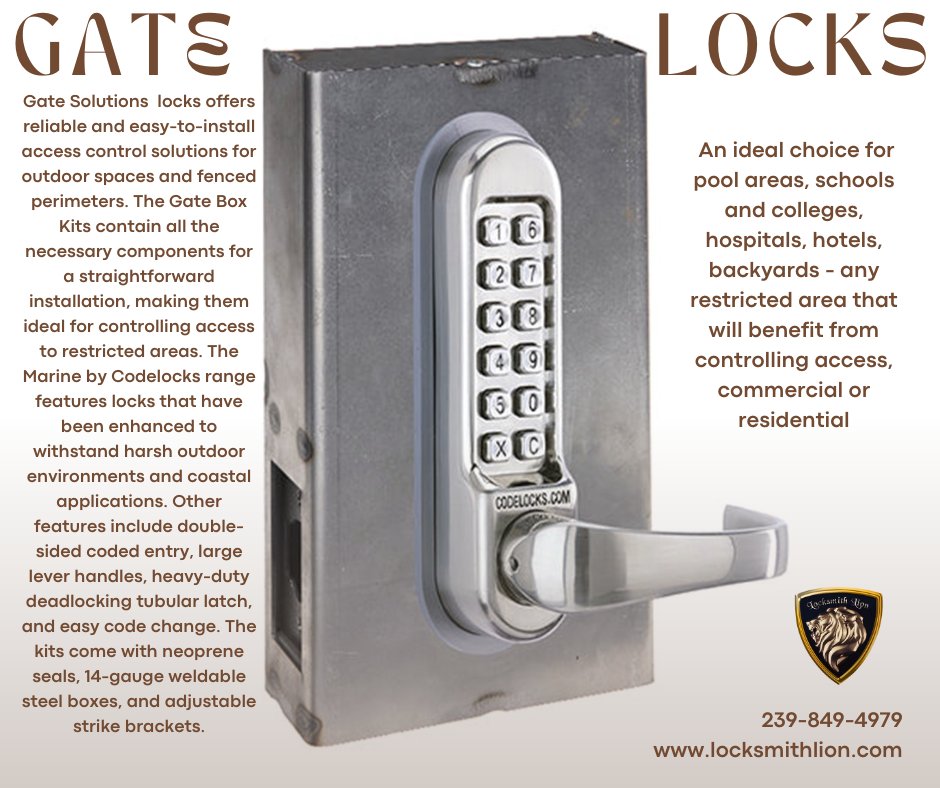 locksmithlion2's tweet image. HOAs and Property Managers will benefit from our new high-security gate locks. Call us today and get 10% OFF services. Protect your property! 239-849-4979 locksmithlion.com #codelocks #gatelocks #locksmithlion #naples247locksmith #secureyourproperty #upgradeyourlocks