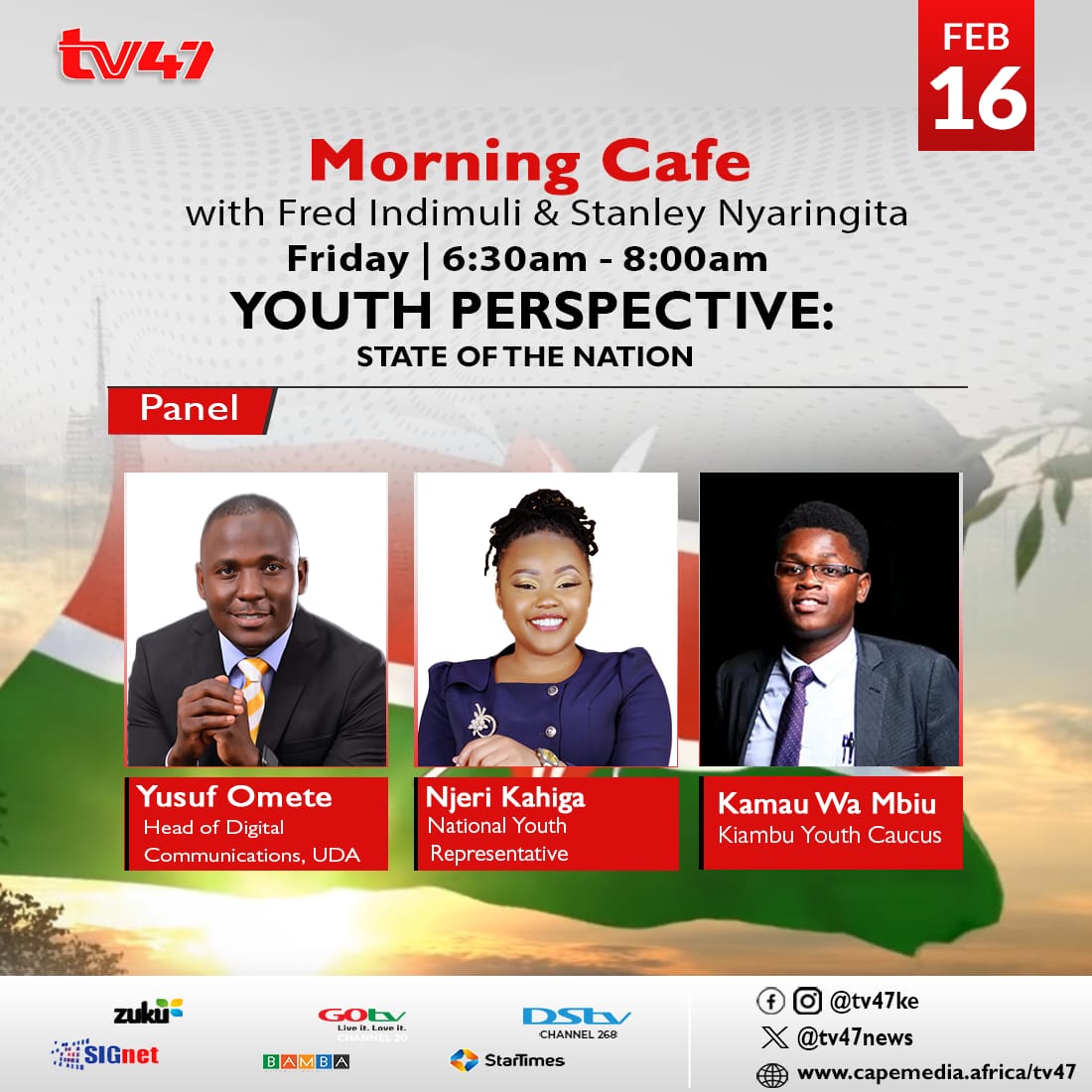 Friday is the day to set your spirit free and your dreams take flight!😜😜

Don't miss to catch the 'State of the Nation' discussion on #YouthPerspective from 6:30am with @Fredindimuli and @Nyaringita_ on #MorningCafe