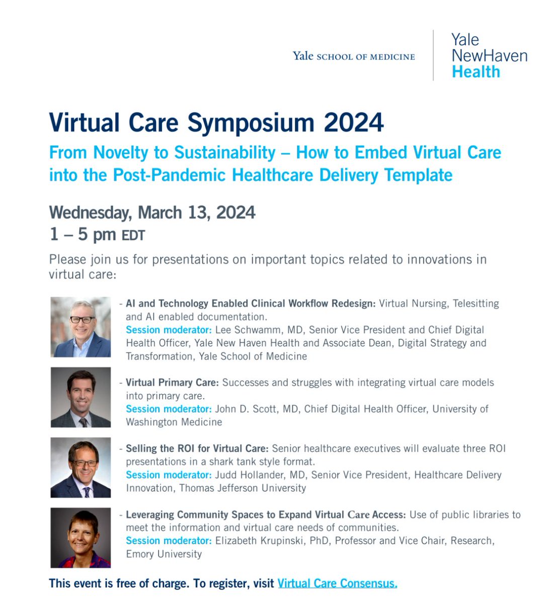 Join us for a great 2024 edition of our #virtualcareconsensus annual symposium as we delve into sustainability in the post-pandemic era. Register here, it's FREE! medicine.yale.edu/virtual-care-c… @JuddHollander @EAKrup John D. Scott and I all moderating awesome panels