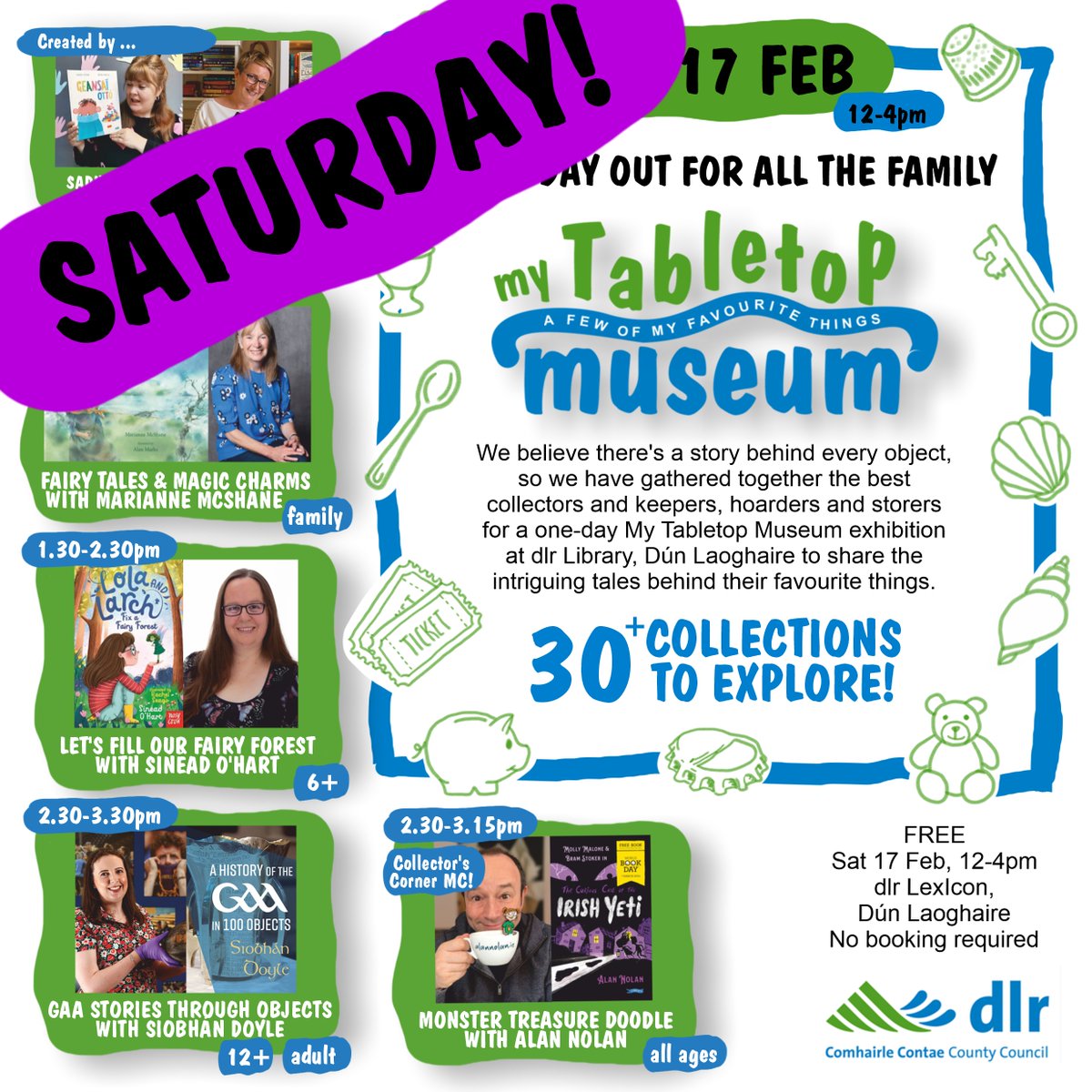 🎉It's nearly here! #MyTabletopMuseum will kick off at 12 this Saturday in LexIcon @DLR_Libraries in Dún Laoghaire. We have 30+ AMAZING Tabletop Curators of all ages coming to share their special collections and some brilliant Irish author events too! FREE fun for all the family!