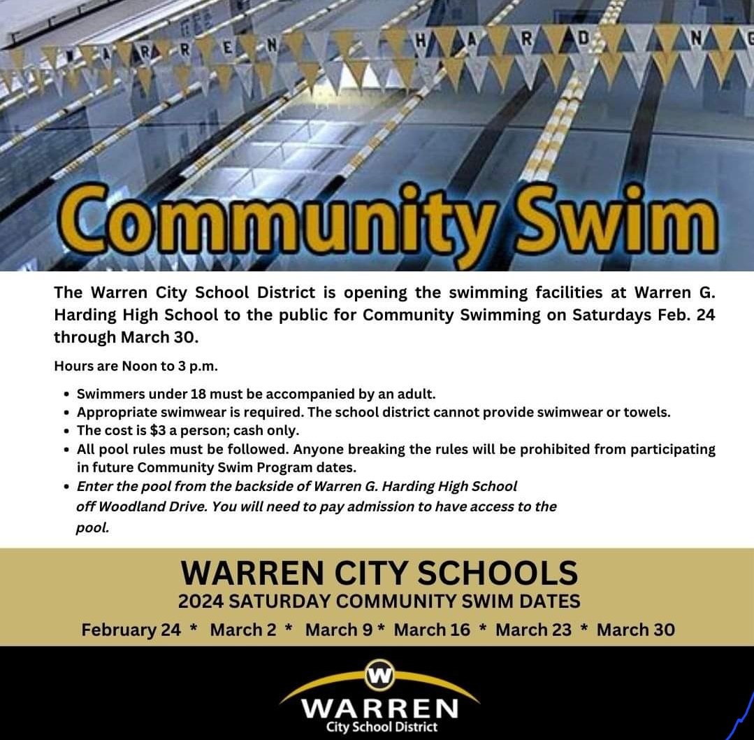 Warren City School District has scheduled Saturday Community Swim dates at Warren G. Harding High School, Feb. 24-March 30.
#GoRaiders