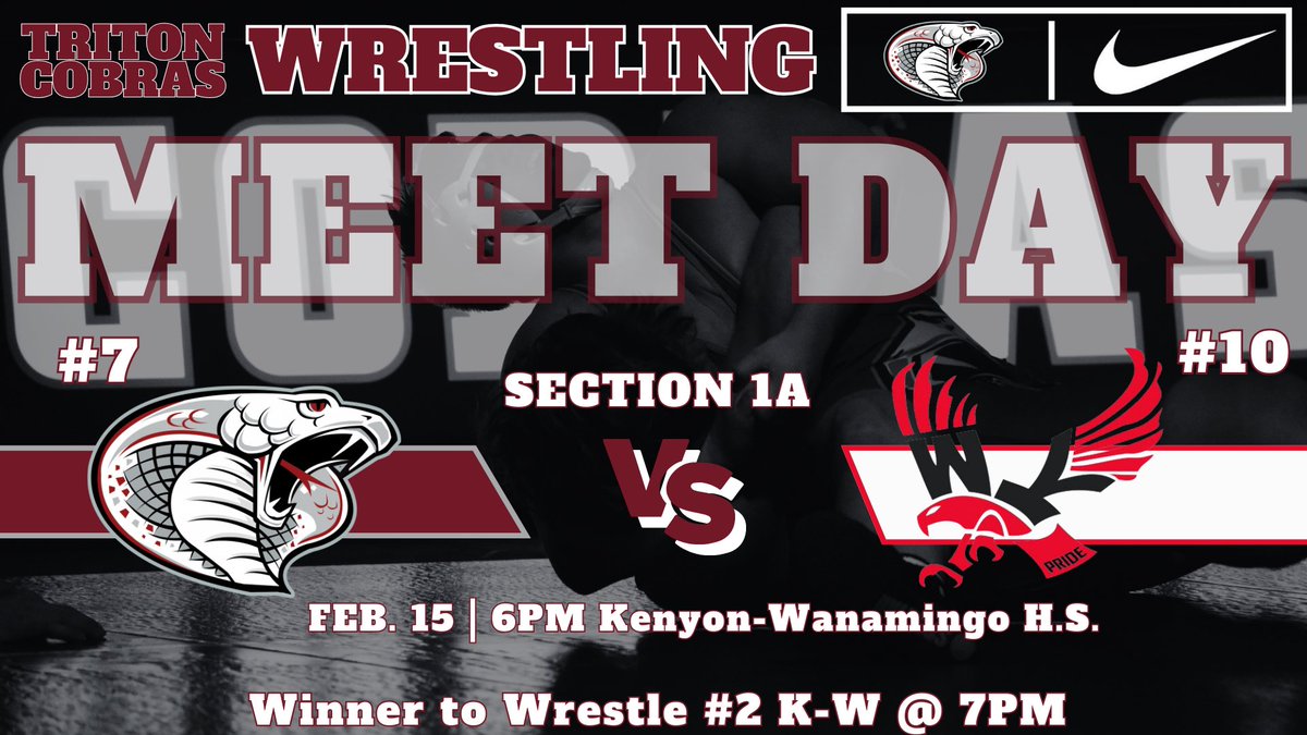 Cobra_Mat_Rats's tweet photo. Triton Wrestling opens their post-season tonight against W-K at 6:00pm in Kenyon. The winner will take on K-W at 7:00pm. #wearetriton #wearefamily #pushthepace https://t.co/tnC8LjC733
