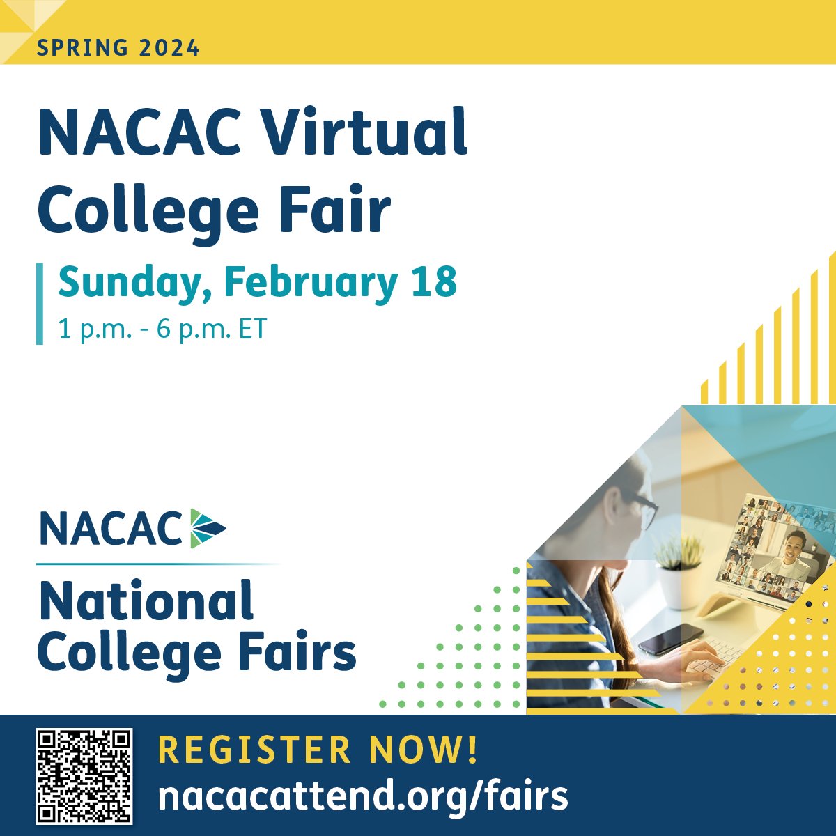 Get connected with colleges and universities…without leaving home! Register now for NACAC's first virtual #collegefair of 2024. Join us this Sunday, Feb 18! nacacattend.org/fairs #collegefairs #NACAfairs
