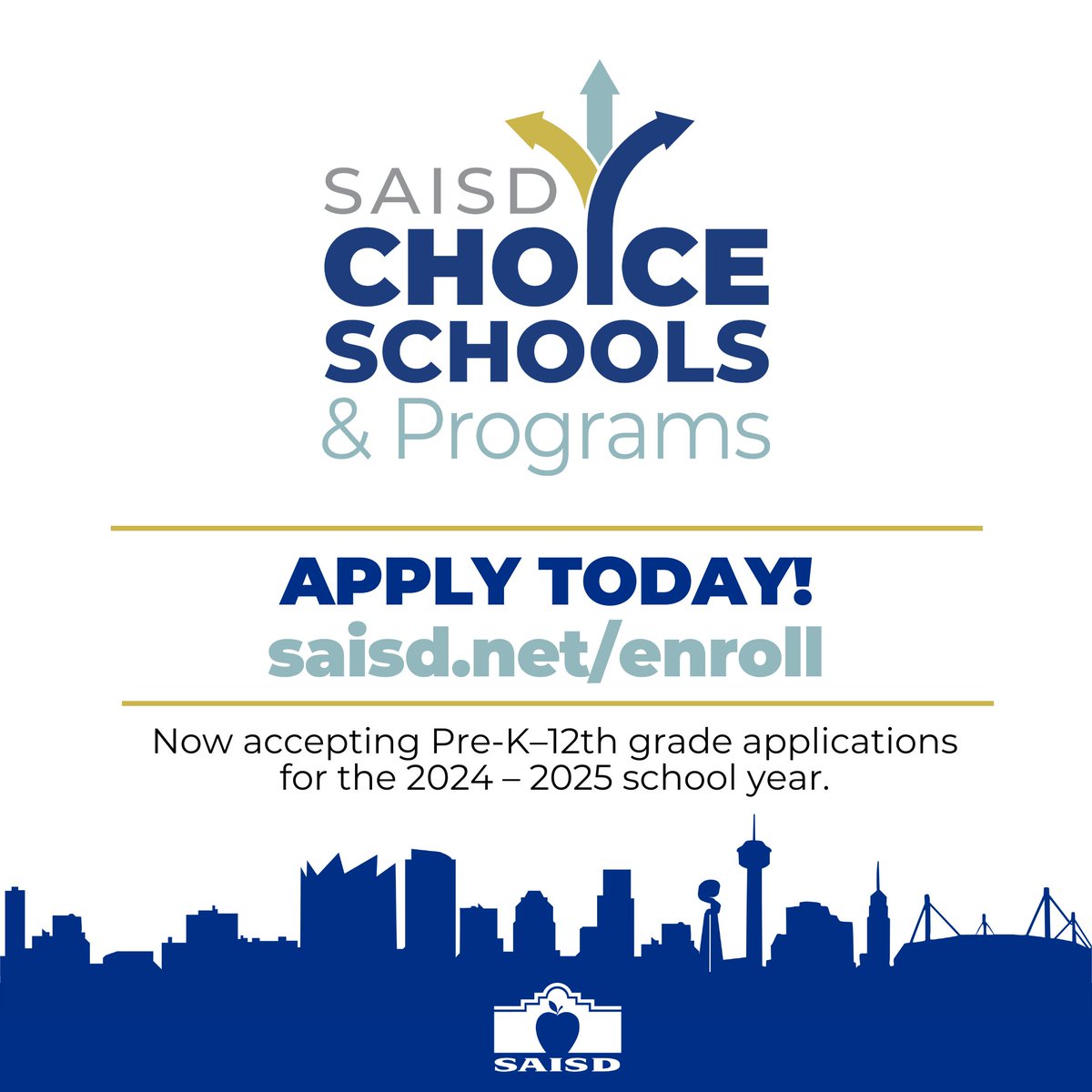 SAISD's tweet photo. ⏰  Don’t forget to apply to SAISD Choice Schools for the 2024-2025 school year! Apply now!   
➡️ https://t.co/ktfzvwIYPo ⬅️ #SAISDChoice   
⏰ ¡No olvides presentar tu solicitud para las Escuelas de Opción de SAISD para el año escolar 2024-2025! ¡Solicita ahora! https://t.co/zhCJpzHNY4