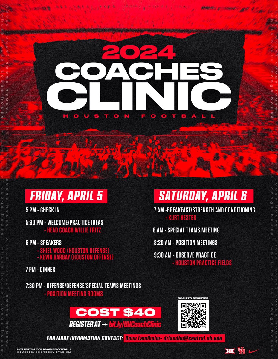 UHCougarFB's tweet photo. 🚨 𝘾𝙊𝘼𝘾𝙃𝙄𝙉𝙂 𝘾𝙇𝙄𝙉𝙄𝘾 🚨

🗓️ April 5-6
📍 Houston, TX

More info below ⬇️
🔗: https://t.co/ZQEEpMyypF https://t.co/CNWlgdlOg5