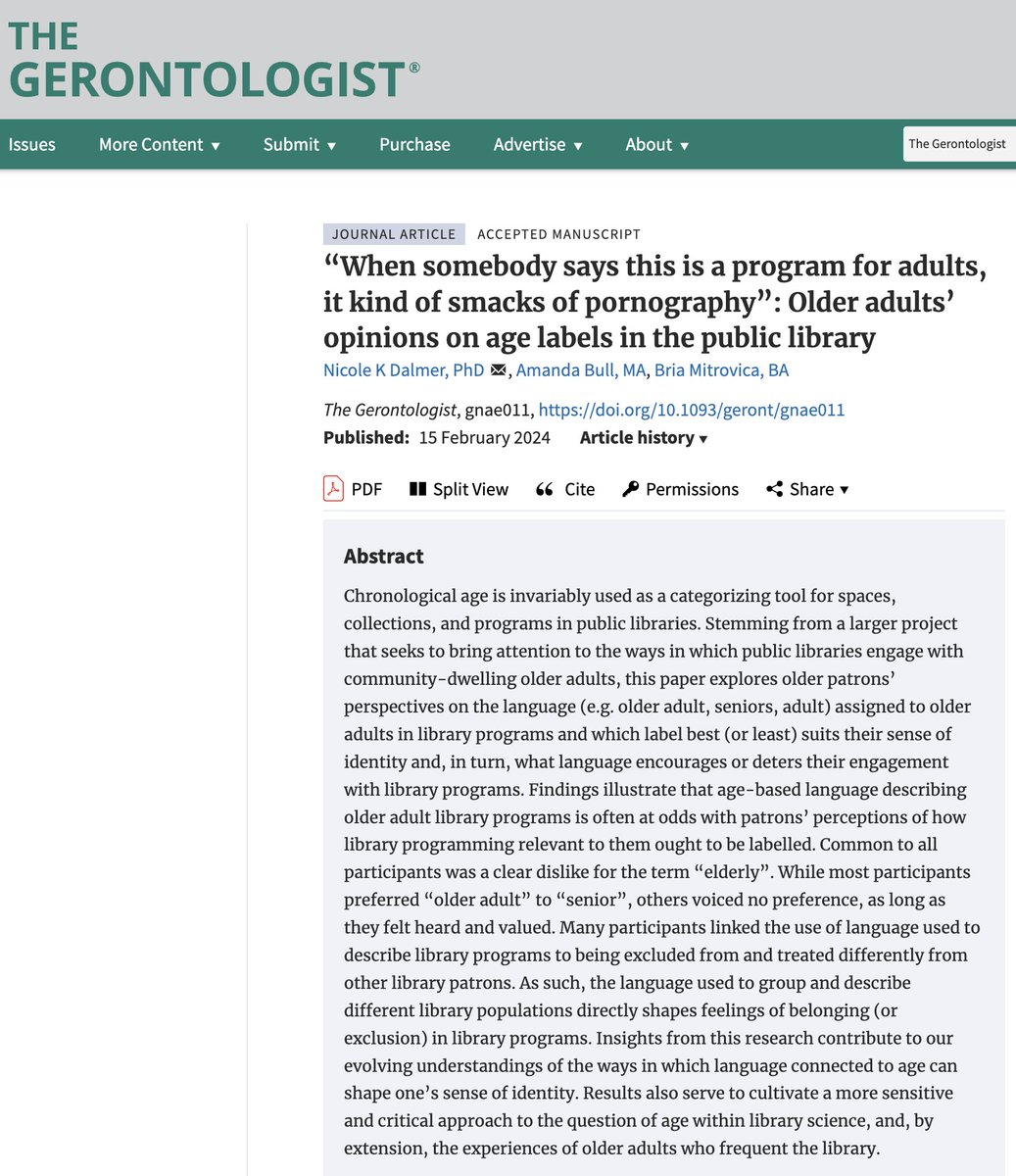 🗨️ My most prized participant quote I've heard to date is central to this new publication in The Gerontologist where we explore the impact of age labels in #publiclibraries on #olderadults | #gerotwitter #librarytwitter