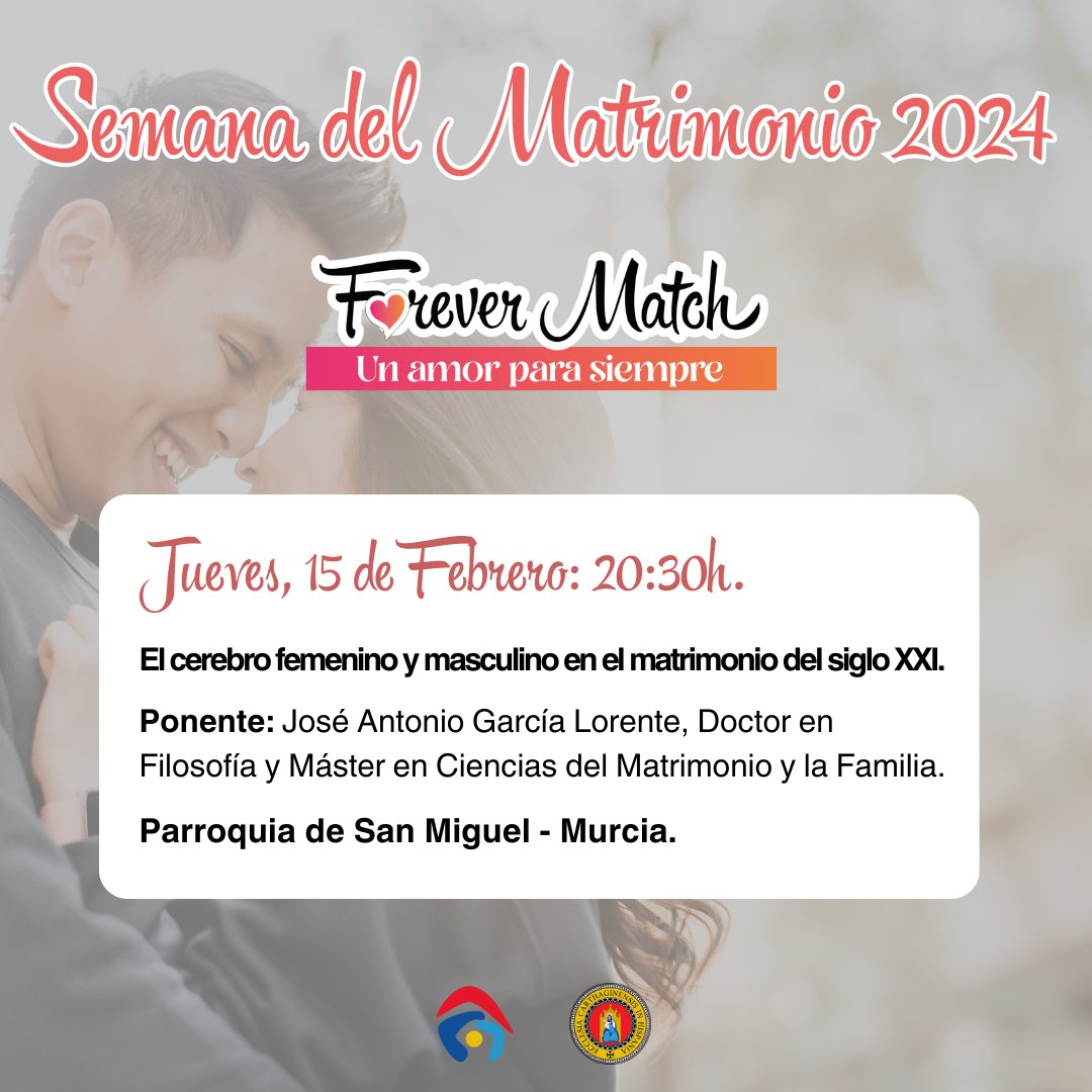 💗 ¡Hoy te esperamos de nuevo!

💖 Continuamos en la #SemanadelMatrimonio. En la parroquia de San Miguel de Murcia a las 20:30 horas.

🎙 "El cerebro femenino y masculino en el matrimonio del siglo XXI" con José Antonio García Lorente.

ℹ Más info: familiayvida.org/semana-del-mat…