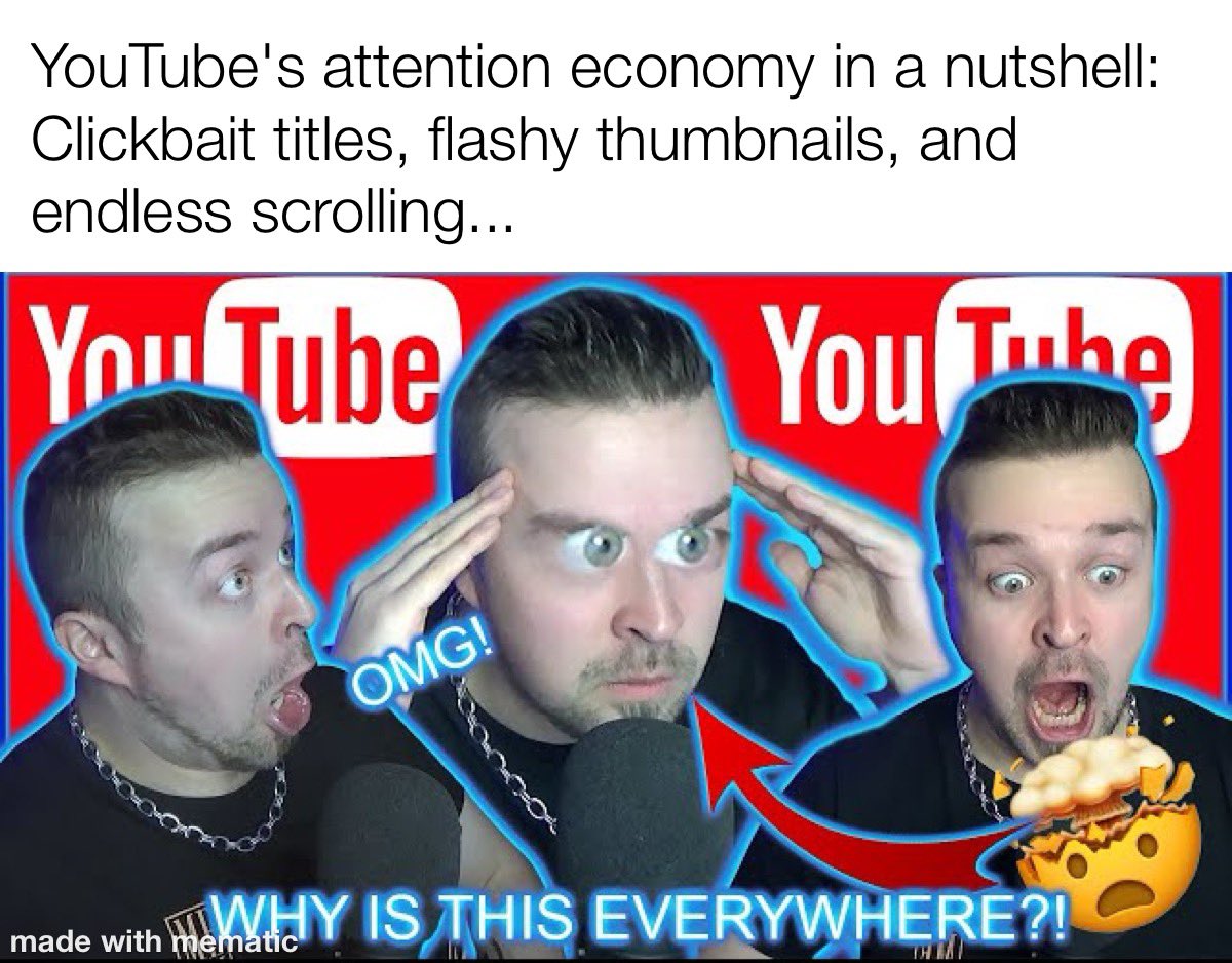Meyynoryy's tweet photo. YouTube is now considered to be the creator of the modern attention economy. #BCM206  generated by mematic https://t.co/dxVuEPiwph
