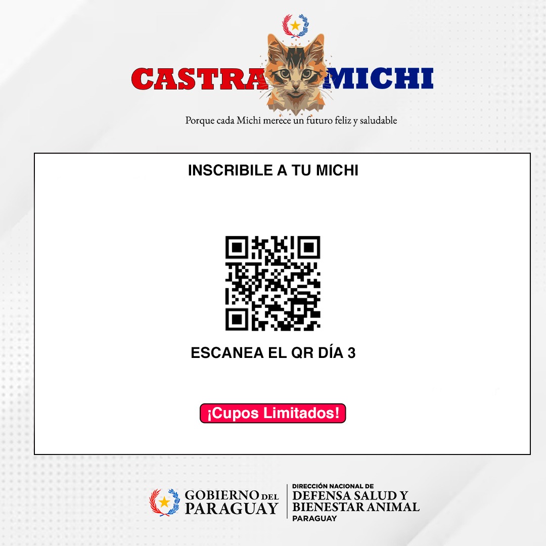 defensanimalpy's tweet photo. 📌 𝐃𝐢́𝐚 𝟑 🐱
Habilitamos la tercera tanda de cupos para las inscripciones al #CastraMichi. 🥳🐈
Recuerden que una vez completado el formulario, funcionarios de la Dirección se pondrán en contacto para coordinar los detalles.
#GobiernoDelParaguay #DNDSyBA 🐾🇵🇾 #CastraMichi https://t.co/wUkgEh0Rd8