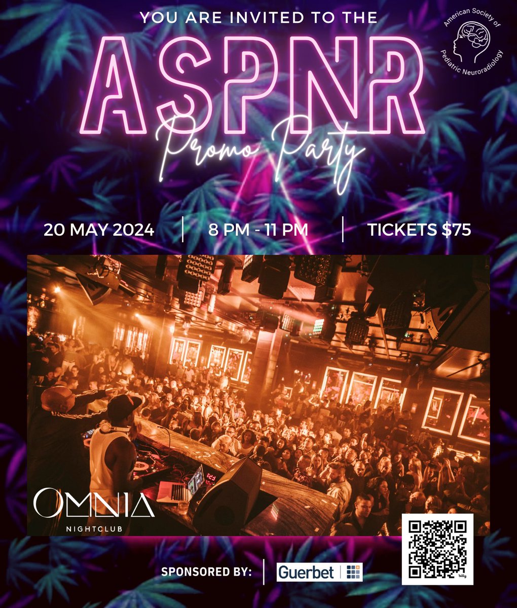 The_ASPNR's tweet photo. The 4th Annual ASPNR Promo Party will be held at the Heart of OMNIA Nightclub in Caesars Palace, Las Vegas on Monday, May 20! This event is open to attendees of #ASNR24, including friends and loved ones. As always, it will be a spectacular evening with drinks, hors d’oeuvres, and a DJ to keep you on your feet.  Tickets are available NOW:  https://t.co/G7vo7BZe61

Proceeds from the event will benefit the ASPNR’s Barkovich, Naidich, and Harwood-Nash Research Fund. The ASPNR is a 501(C)(3) charitable organization.  #pedineurorad