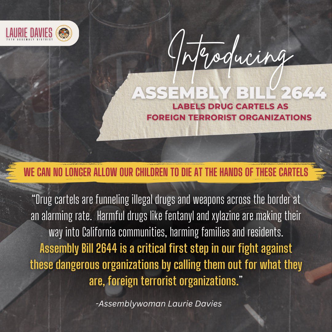 AsmLaurieDavies's tweet photo. Today I’ve introduced #AB2644 which will finally label dangerous drug cartels for what they are, Foreign Terrorist Organizations!
We need leadership & action to deal with the drugs and weapons being smuggled into our state. It’s time CA crack down on nefarious groups! #CALeg https://t.co/H71Czv9z0H