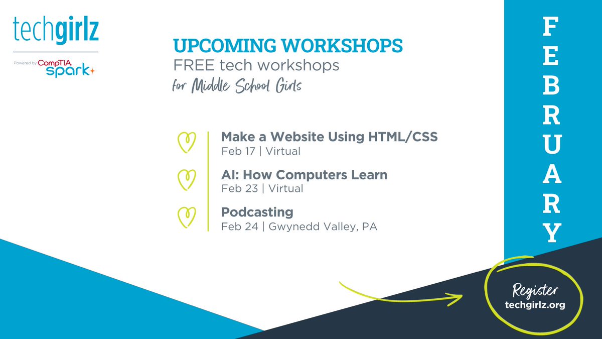 Join us for these amazing FREE workshops designed to empower and inspire middle school girls in the world of #tech ✨ 🚀 Open to middle school girls, including those who identify as girls 👩‍💻 Register here: bit.ly/48V2hTS