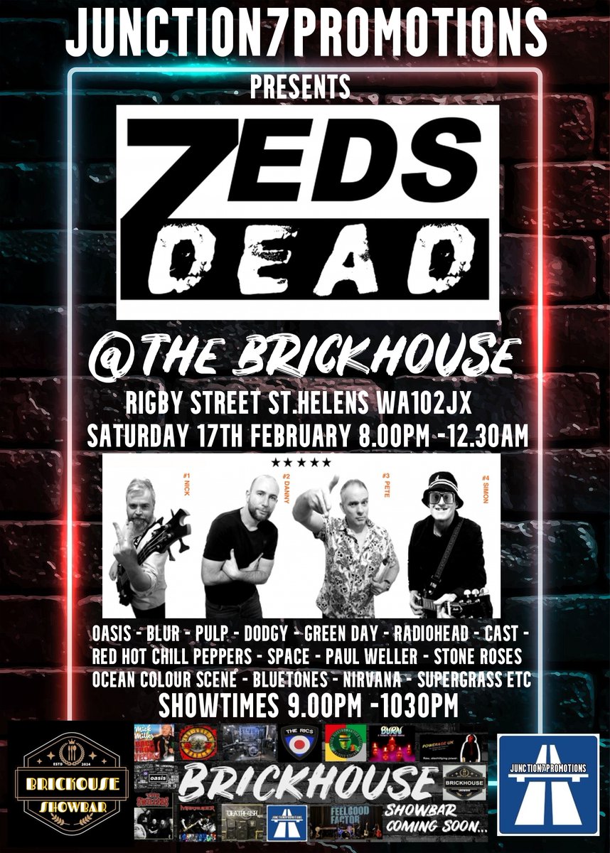 ZEDS DEAD LIVE @brickhouseshows opening night for the Glasstownbury Series Indie Brit-Pop Alternative @sthelensGG @EchoWhatsOn @whatsonsthelens @WhatsOnNW @Cornucopia123 @sthelenscabaret @GLASSTOWNBURY @djdexnelson @gr8musicvenues @sthelensstar @sthelenscouncil @StHelensCollege