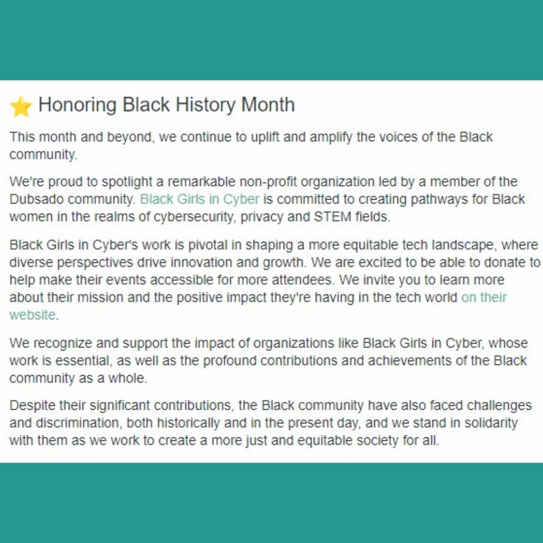 🌟 Exciting News! 🌟 We're thrilled to announce our partnership with @Dubsado, as featured in their February newsletter honoring #BlackHistoryMonth!

#BlackGirlsInCyber #Empowerment #STEM #DubsadoPartner