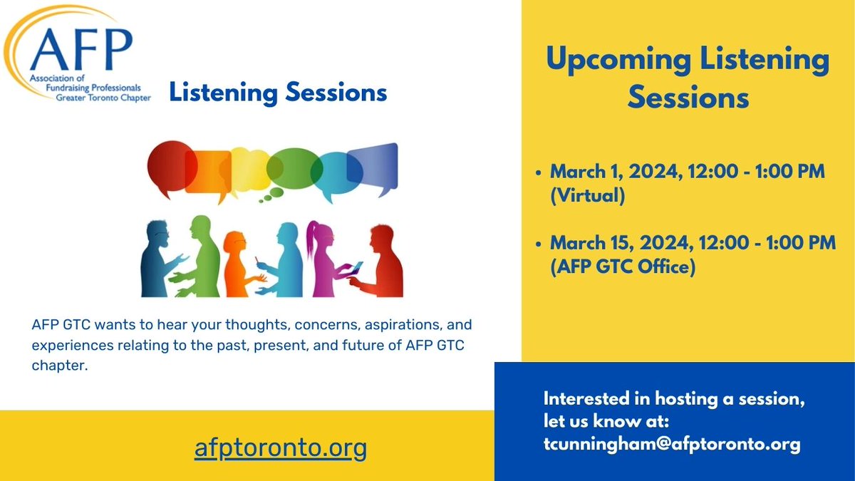 afptoronto's tweet photo. AFP GTC is excited to invite you to participate in our Listening Sessions—an invaluable opportunity for us to connect, learn &amp; grow together. Join us to hear your thoughts, &amp; experiences. Sessions will be on March 1 -Virtual &amp; March 15 In person 
RSVP  at https://t.co/ih5DPuaBC9 https://t.co/JxTTcklepl