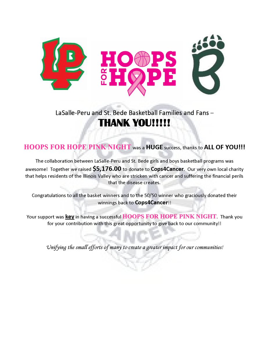 Thank you to everyone who came out to the LP v St Bede game and supported Hoops for Hope benefitting Cops4Cancer!