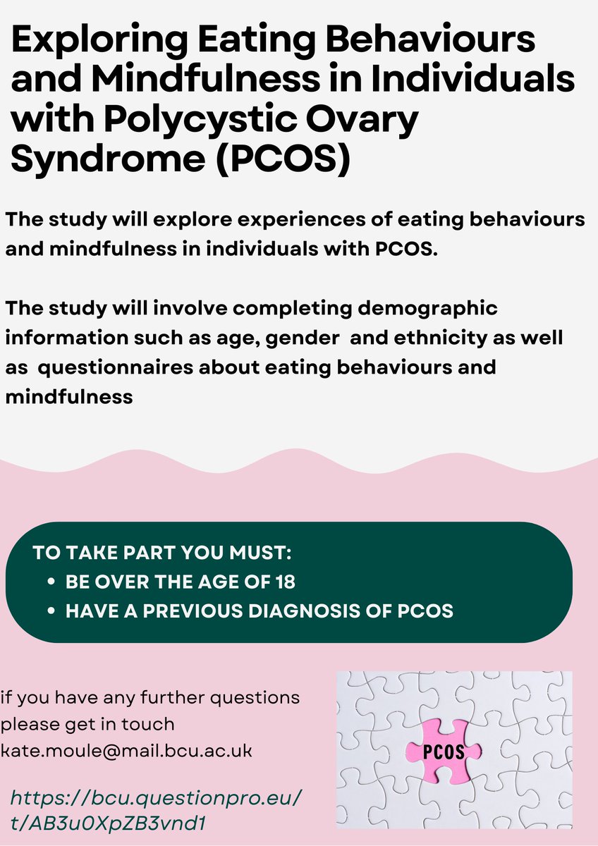 If you have PCOS and have a spare 10 minutes please consider taking part in my study exploring eating behaviours and mindfulness.  

Study link: 

bcu.questionpro.eu/t/AB3u0XpZB3vn…

#PCOS #PCOSawareness #womenshealth #cystersunited