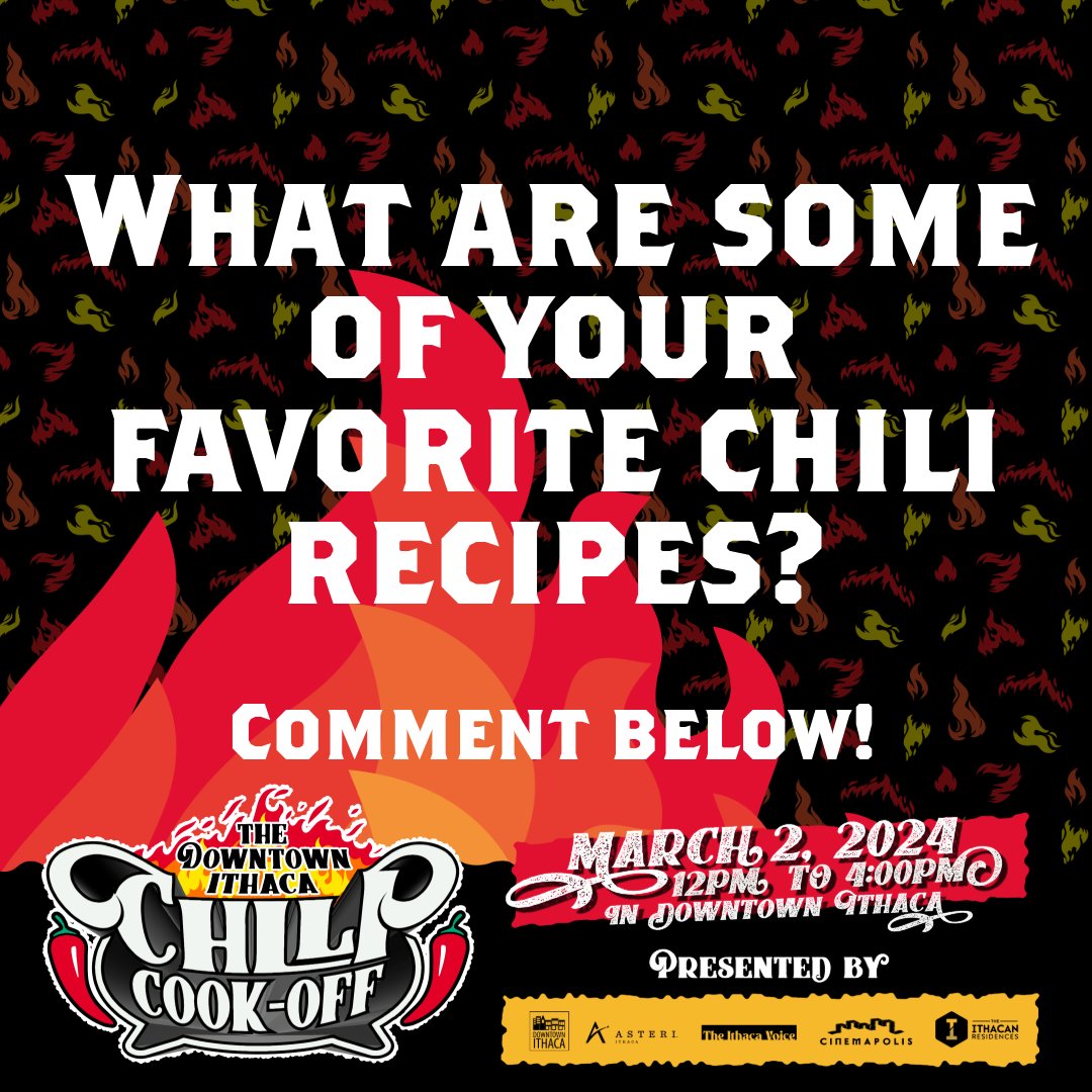 Got chili cravings? Do you prefer the sweet or Savory side of chili?🌶️ Share your thoughts with us! 
For more info about the event head to
bit.ly/ChiliIthaca 
Pre-order your tickets today at
bit.ly/ChiliTickets20… 
#whatsnewithaca #downtownithaca #ChiliChallenge