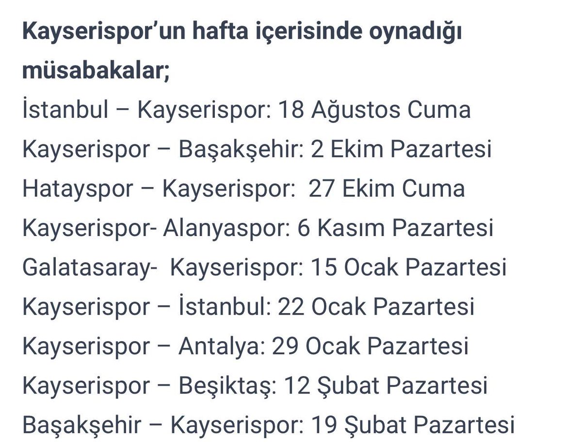 Büyük Kayserispor taraftarı; süperlig’in ilk düdüğünden bu yana oynadığımız maçların %36 sını hafta içi oynamış bir kulüp olarak <a href="/TFF_Org/">TFF</a> ye seslenmek istiyorum. “Artık yeteeer diyoruz!!!” Yeni fikstür planında sadece <a href="/KayserisporFK/">Bellona Kayserispor</a> değil, başka takımlarında bu istatistiğe maruz