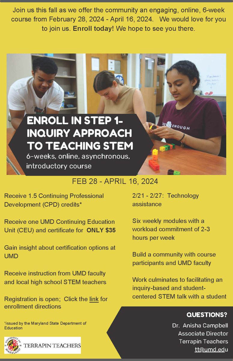 Exploring teaching STEM as a career? Check out this course  the Terrapin Teachers Initiative <a href="/UofMaryland/">Univ. of Maryland</a> is offering for $35! Anyone interested can enroll now! docs.google.com/document/d/1bj… Then, check out how you can obtain conditional licensure &amp; other opportunities <a href="/FCPSMaryland/">FCPS-MD</a>!