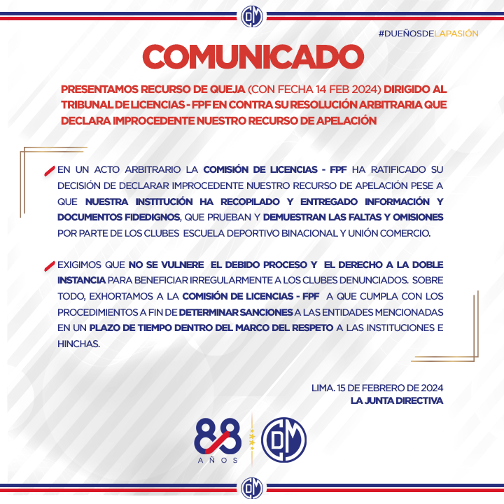 𝐂𝐎𝐌𝐔𝐍𝐈𝐂𝐀𝐃𝐎 Exigimos a la Comisión de Licencias a que haga justicia, que respete los procesos y que determine sanciones a los clubes denunciados en un plazo de tiempo dentro del marco del respeto a los hinchas e instituciones involucradas.